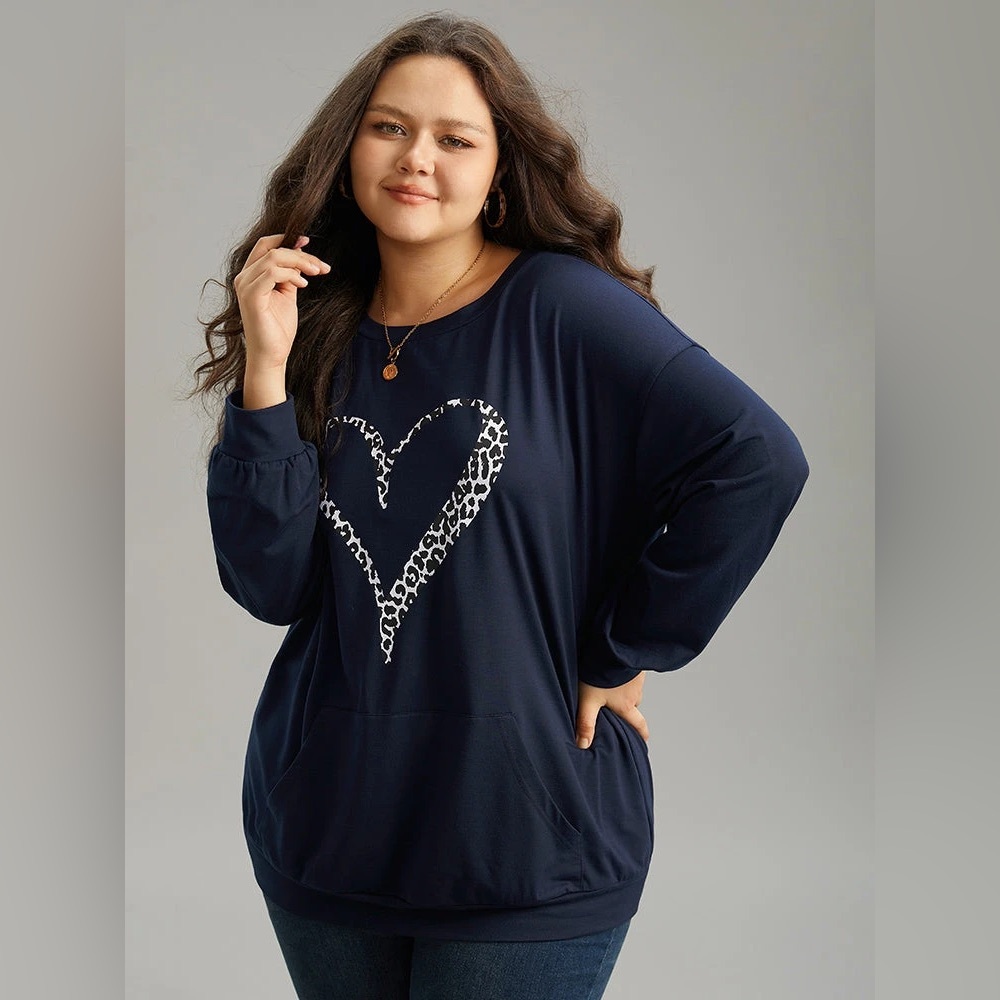 Bloomchic Leopard & Heart Print Crew Neck Sweatshirt Plus Size 22-24 3X